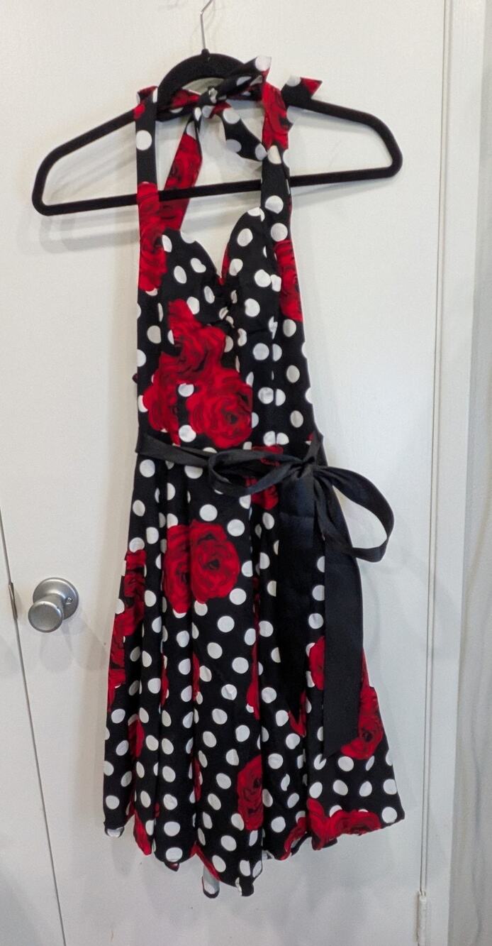 Hearts & Roses London Rose Polka Dot Halter Dress Small Black Red Rockabilly